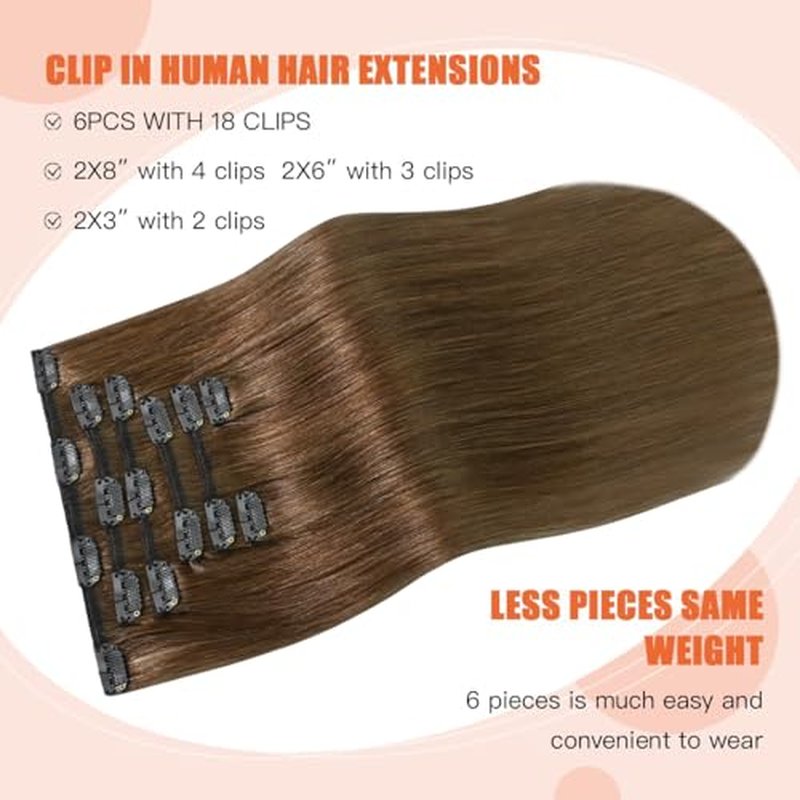 Light Brown Hair Extensions Clip in Human Hair 18 Inch 120g 7pcs Remy Hair Silky Straight 16clips One Pack for Women #6 Chestnut Brown Hair Extensions