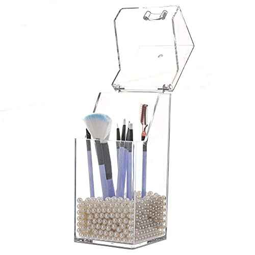 Sooyee Makeup Brush Holder,Makeup Brush Organizer with 8mm White Pearls,Dustproof Makeup Brush holder with Lid