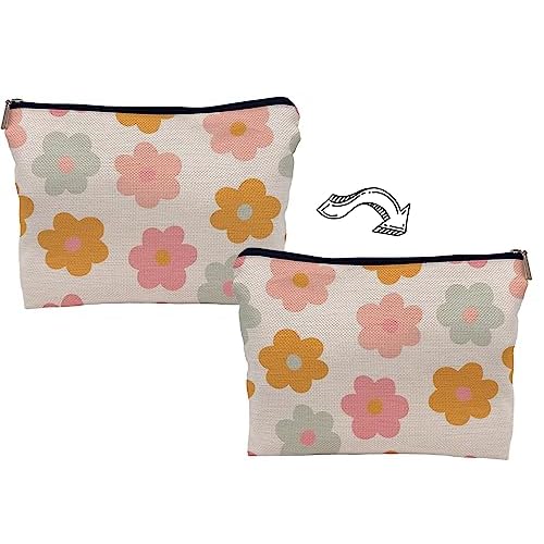 Retro Groovy 60s 70s Daisy Flowers Makeup Bag Cosmetic Bag Zipper Pouch Toiletry Bags,Groovy Gifts for Women Teen Girls Her