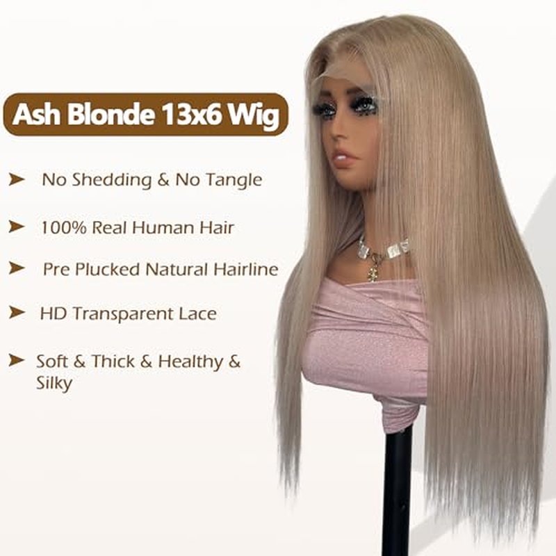 Ash Blonde Wig Human Hair 13x6 Transparent Lace Front Wigs Human Hair 180% Density Ash Blonde Straight Lace Front Wigs for Black Women Pre Plucked Colored HD Lace Frontal Wig 22 Inch