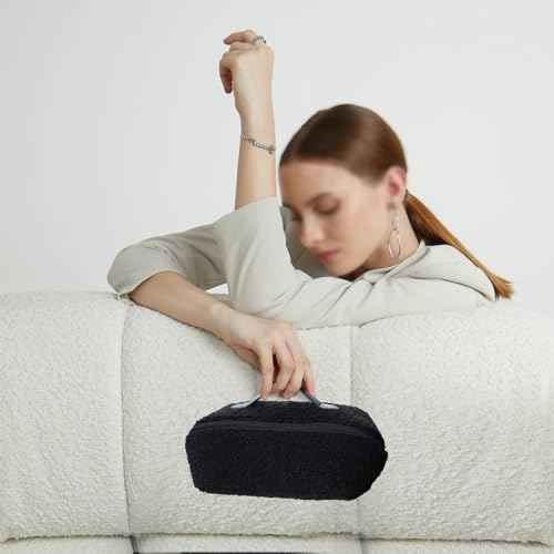 Makeup Bag - Large Capacity Travel Cosmetic Bag, Travel Toiletry Bag Cute Plush Makeup Pouch with Handle and Divider Flat Lay Portable Makeup Case Organizer for Women (Black)