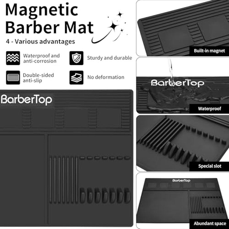 Magnetic Barber Mats for Clippers, with 6 Magnets & Dedicated Slots - 19.29"x12.6" Anti-Slip Heat Resistant Barber Station Organizer Mat, Scissors, Combs & Salon Tools Pad for Grooming Table Tray