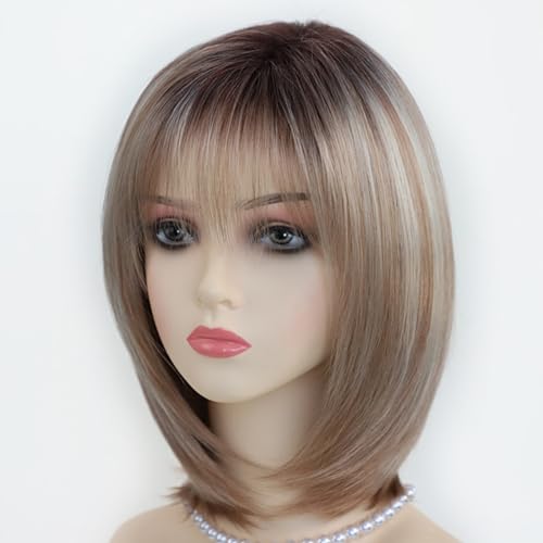 RENERSHOW Layered Blonde Bob Wigs for White Women with Bangs Straight Short Hair Wig Synthetic Ombre Blonde Highlight Bobo Haircuts 12inch Average Size Natural Daily Party Wig