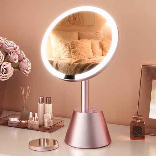 ULG 10X Magnifying Mirror with Light, Lighted Makeup Mirror with Magnification, 2AC + 3USB Charging Station 3 Colors Makeup Mirror Dimming 1500lux Bright Soft Light, Rose Gold