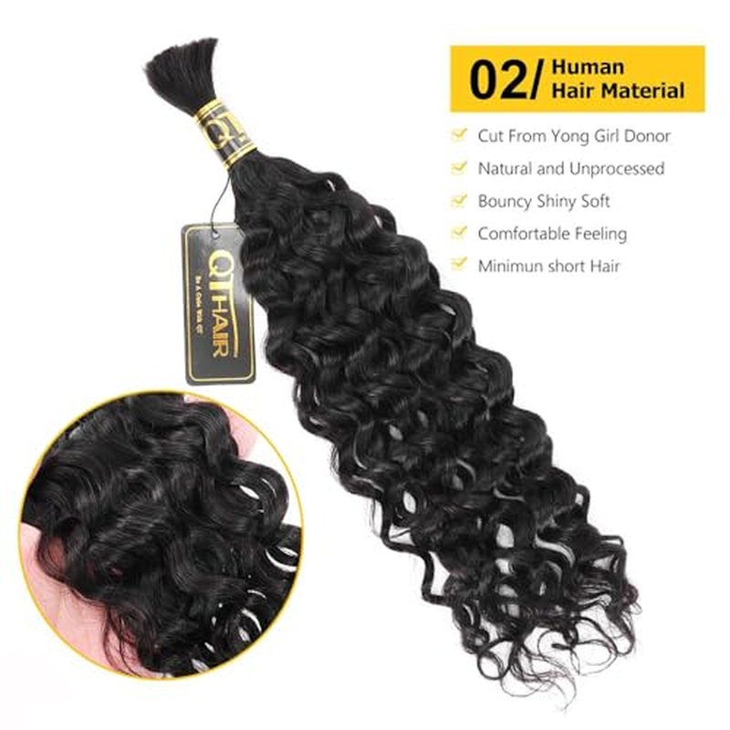 QTHAIR Water Wave Bulk Human Hair For Braiding, 16A, No Weft, 100% Unprocessed Brazilian Water Wave Virgin Hair, 3 Bundles, Micro Braiding (#1B(Natural Black), 22"-150g, Curly)
