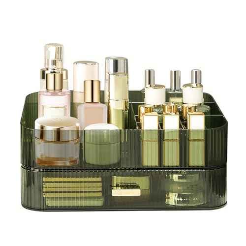 Makeup Organizer with Stackable Drawer, Large Capacity Vanity Organizer for Dresser Bathroom Countertop, Cosmetics Organizer and Display Case for Skincare, Perfume, Makeup Brushes, Lipsticks, Green
