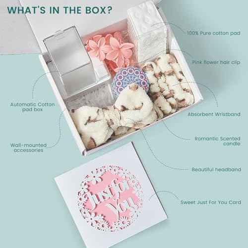 Cotton Pad Holder Birthday Gifts Sets For Women,Automatic Reusable Square Dustproof Waterproof Cosmetic Bathroom Pad Dispenser include Cotton Pads,Headband,Wrist Bands,Hair Clips Scented Candles