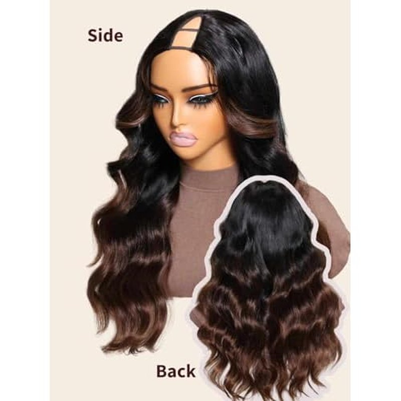 Beauty Forever V Part Wig Human Hair Black to Chestnut Brown Ombre Body Wave Wig Upgrade U Part Wigs Glueless Full Head Clip In V Shape Wigs No Leave Out None Lace Front Wig 150% Density 14inch