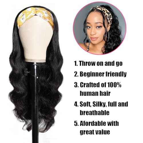 Headband Wig Human Hair for Women 16-Inch 180% Density Body Wave Headband Wigs Glueless Human Hair Wig(Body Wave, Natural Black)