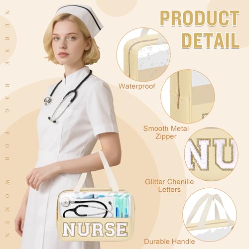 Nurses Week Gifts Chenille Letter Clear NURSE Makeup Bag for Women,Preppy Nurse Cosmetic Pouch Zipper with Handle Nurse Essentials Bag for Work Supplies,Labor and Delivery Nurse Gifts(NURSE-Beige)