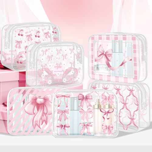 6Pcs Pink Bow Clear Makeup Bag PVC Coquette Cosmetic Bags Transparent Plastic Pouch with Zipper Waterproof Travel Toiletry Bags Pink Trendy Pouch Bag Gift for Birthday Party Favor Mother Nurse Girls
