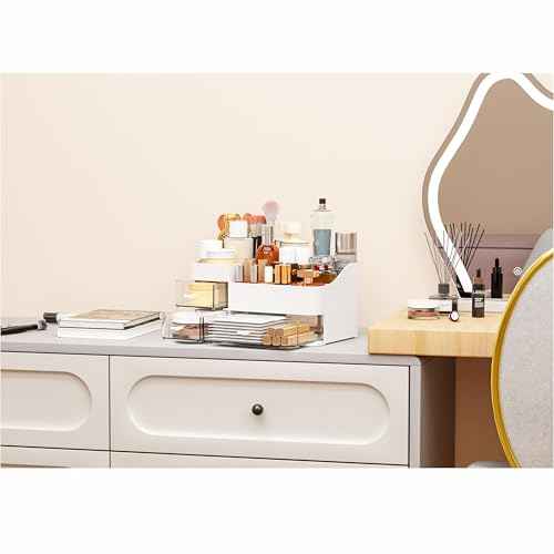 White Makeup Organizer With Drawers,Large Skincare Organizers for Countertop,Desk,Dresser,Plastic Bathroom Counter Organizer for Brush,Palettes,Perfume,Beauty Products Organization,Skin Care Storage