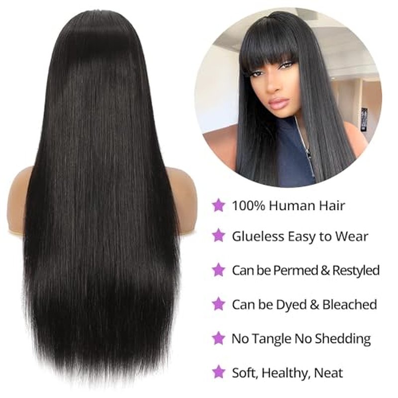 ROSELINE Glueless Wigs Human Hair with Bangs Straight Human Hair Wig with Bangs 150% Density None Lace Front Wigs for Black Women 24inch