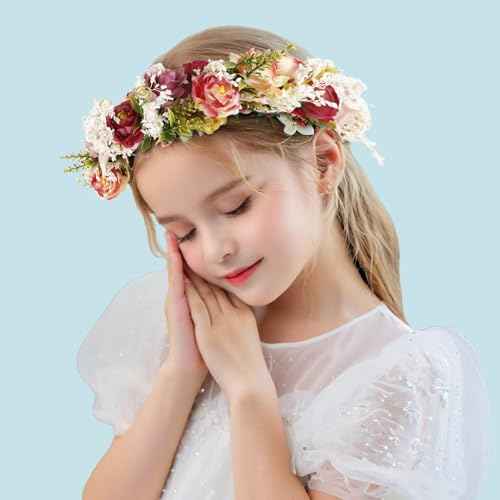 Rose Flower Crown Women Boho Flower Headband Hair Wreath Floral Headpiece with Ribbon Flower Leaves Crown for Wedding Festival Party Photos