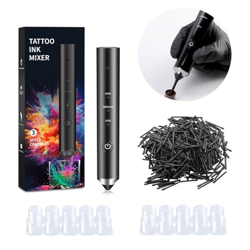 Tattoo Ink Mixer Gun Machine, Mixer Game Changer, 3 Adjustable Speeds Wireless Mixer, Without Continuous Pressing, New Rotary Tattoo Pigment Mixer Set with 100Pcs Mixing Sticks (New Mixer, Black)