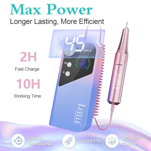 Electric Nail Drill File Professional 45000 RPM, LUELLE Electric Nail File Machine Kit for Acrylic Gel Nails Polishing Removing, Portable Rechargeable Cordless E File with Gold Bits Kit for Salon Home