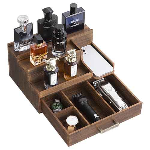 Cologne Organizer for Men, 3 Tier Perfume Display Stand with Drawer and Hidden Compartments, Stylish Wooden Mens Cologne Holder for Dresser Storage, Great Gift for Men/Fathers, Deep Brown