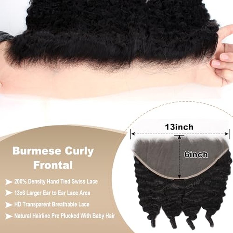 13x6 Lace Frontal Burmese Curly Human Hair 13x6 Frontal Transparent HD Lace Closure Water Wave 100% Real Human Hair Natural Black 18 Inch