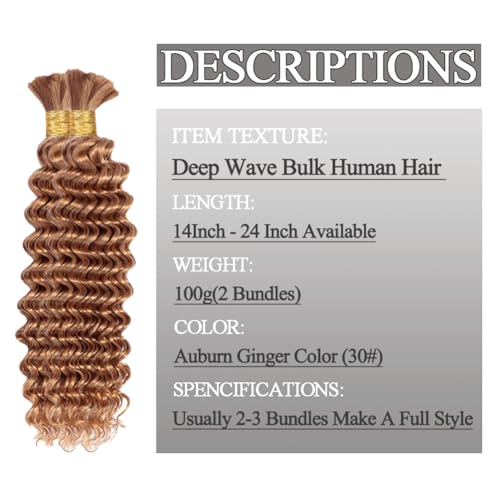 Human Hair Braiding Hair 18 Inch 100g/2Bundles Auburn Ginger Deep Wave Bulk Human Hair For Braiding 12A Curly Human Hair Extensions For Braids No Weft Knotless Human Braiding Hair