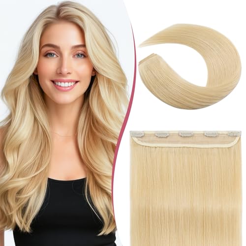 Clip In Hair Extensions for women One Piece 5 Clips Real Human Remy Hair Extension Long Straight Hairpieces for women 18 Inches #613 Bleach Blonde
