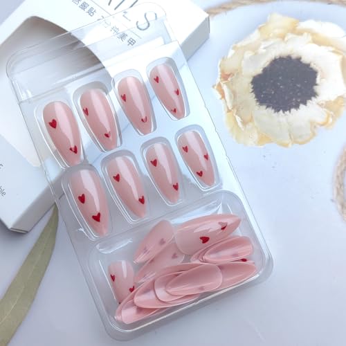 24Pcs Heart Press on Nails Medium Almond Fake Nails Valentines Glue on Nails Nude Pink Full Cover False Nails Red Love Hearts Artificial Acrylic Nails Stiletto Stick on Nails for Valentines Nails