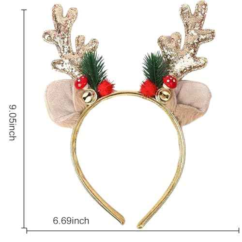 SARATA Christmas Headbands for Women Glitter Powder Bell Hair Hoop Elk Hair Band Reindeer Antlers Headband Women Girls Hair Access Headdress for Party 1PCS (Golden)