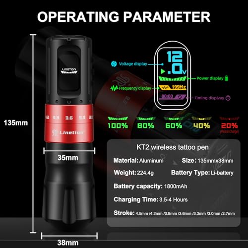 Tattoo Gun KT2 Adjustable Stroke Wireless Tattoo Pen Machine Kit,Coreless Motor,Strokes from 2.7~4.5mm,2 Pcs Replacement 1800mAh Power Battery Pack,Smart Multi-function (KT2-R2B)