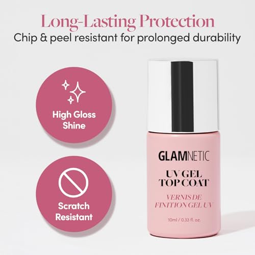 Glamnetic UV Gel Clear Top Coat | High-Gloss Finish | No-Wipe Formula | Works on Press-Ons & Polish | LED UV Curable | 0.33 fl. oz.