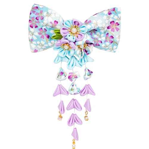 1pcs Japanese Style Hair Clips, Bowknot Tassel Hair Accessories Flower Kimono Traditional Hairpins Barrette Cherry Blossom Hair Clamp Bride Hanfu Accessory for Womens (Blue)