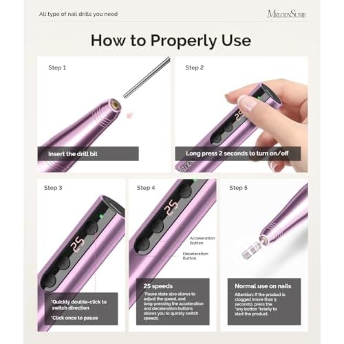 MelodySusie Cordless Nail Drill, PC180F Rechargeable 25,000RPM Eletric Nail File with Nail Drill Bits, Sanding Bands for Beginners
