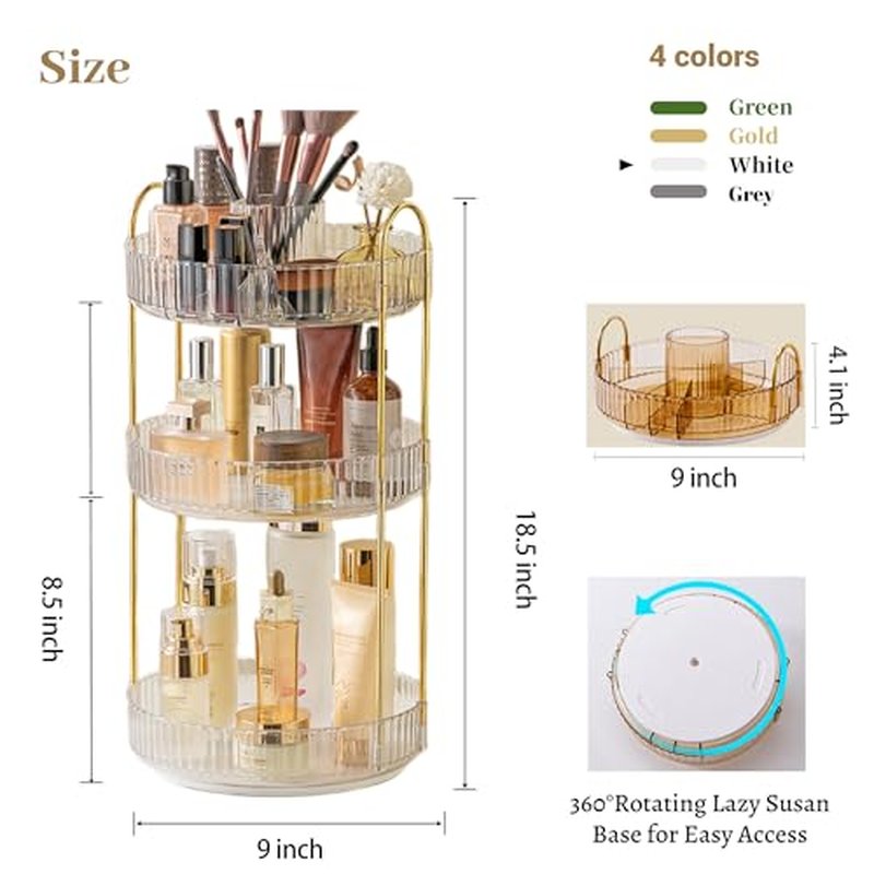 Aveniee 360¡Æ Rotating Makeup Organizer for Vanity, Perfume Skincare Bathroom Countertop Organizers, 3 Tier Spinning Skincare Storage with Brush Holder for Lipstick Cosmetic Lotion,White