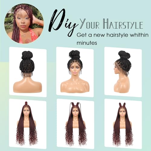 360¡ÆHD Full Lace Knotless Braided Wigs for Women Box Braid Wig with Baby Hair Premium Synthetic Natural Looking Burgundy Braided Lace Front Wigs 36 Inch