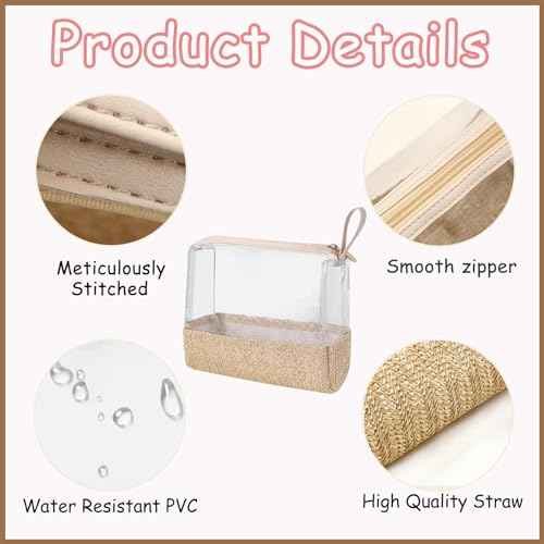 Boho Small Clear PVC Waterproof Makeup Bag with handle, Transparent Zipper Cosmetic Bag for Travel, Beach Bag for Sun screen Skincare (02 Beige-1)