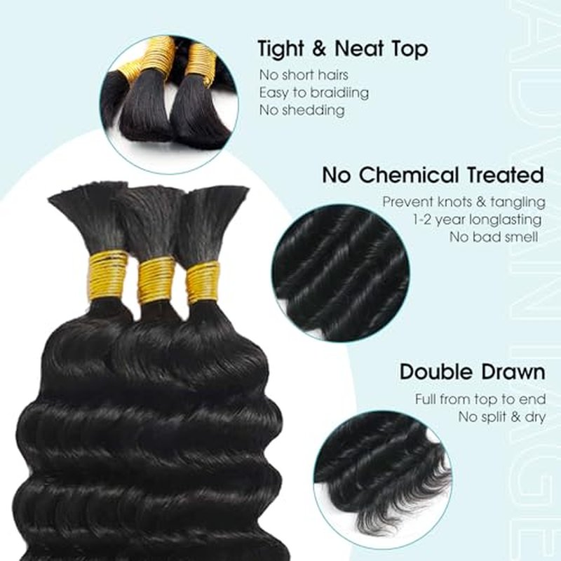 Human Braiding Hair for Boho Braids, 100% Virgin Human Hair No Chemical Processing, Black Bulk Human Hair for Braiding Small Knotless Braids Bohemian Style (Black - Deep Wave, 150g - 20 Inch)