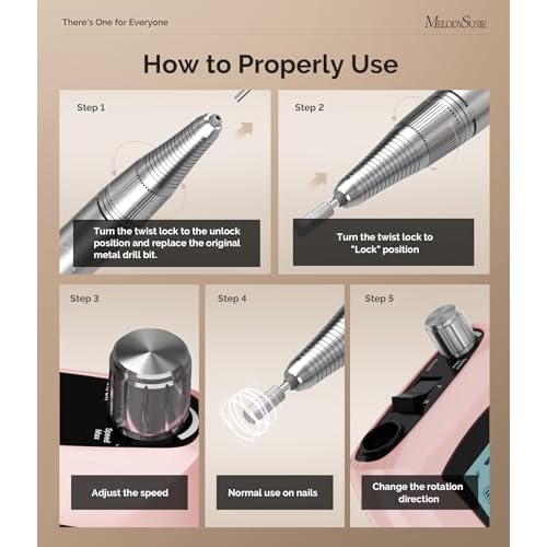 MelodySusie Professional Nail Drill 30000RPM, SC320D Rechargeable Electric Nail Drill Machine, Cordless Nail E File for Acrylic Gel Nails, 8pcs Nail Bits 50pcs Sanding Bands, Selene Pink