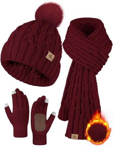 Winter Hat Scarf Gloves Set,Fleece Lined Pom Pom Beanie Hat Warm Knit Long Scarf Touchscreen Gloves Winter Gifts for Women Burgundy