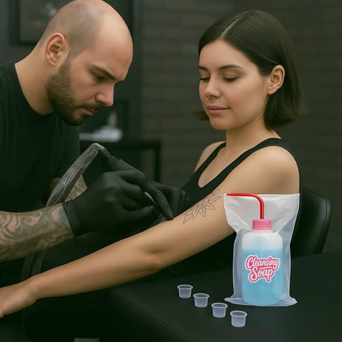 Wash Bottle Bags?250PCS Tattoo Bottle Covers for 17oz/500ml Squeeze & Spray Bottles, with 8 Bottle Stickers, 2 Paper Tapes, 100 Rubber Bands?Professional Tattoo Supplies Accessories Kit (Clear Kit)