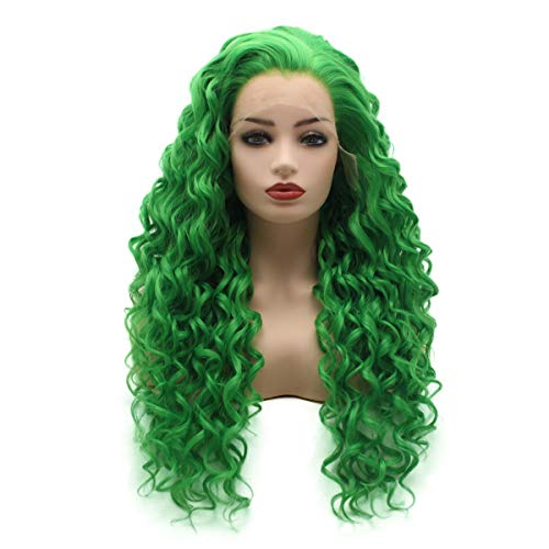 Hair Curly Long 26inch Green Half Hand Tied Heat Resistant Synthetic Lace Front Wigs