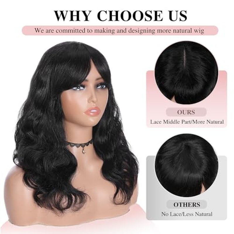 Fancy Hair Wavy Brazilian Virgin Human Hair Wigs with Bangs for Black Women Lace Middle Part Glueless Body Wave Wig With Bangs for Women Natural Black 18 inches