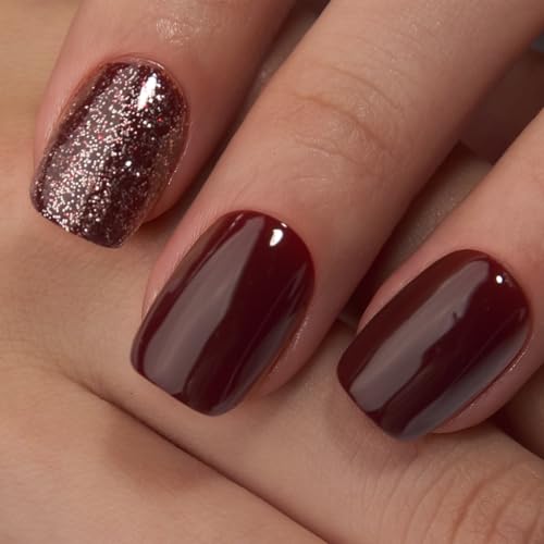 Curvlife 30pcs Press on Nails, Short Square Acrylic Fake Nails with Wine Red Glitte Apricot Design Full Cover False Glossy Nude Artificial for Women