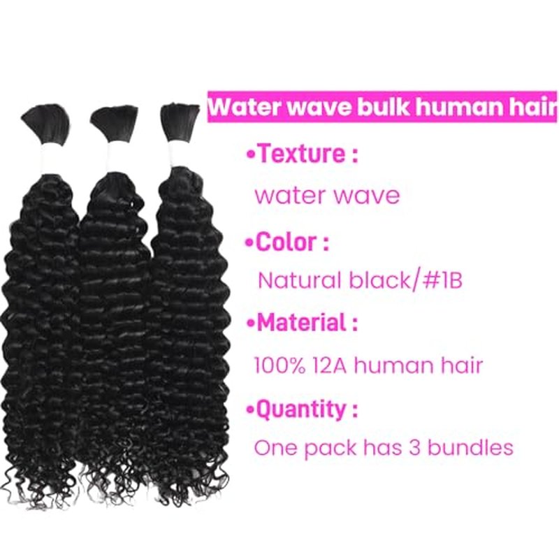 Human Braiding Hair for Boho Braids 3 Bundles 150g 24Inch Water Wave Human Hair Braiding Hair 12A Brazilian Virgin No Weft Hair Extensions for Bohemian Knotless Braids Bulk Human Hair for Braiding
