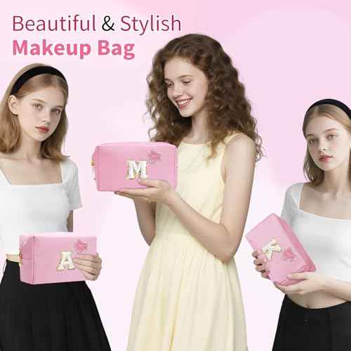 Personalized Initial Makeup Bag with Bling Heart Preppy Cosmetic Bag Cute Toiletry Travel Bag For Teen Girls Women Letter Makeup Pouch Purse for Holiday Birthday Christmas Gifts (A, Pink)