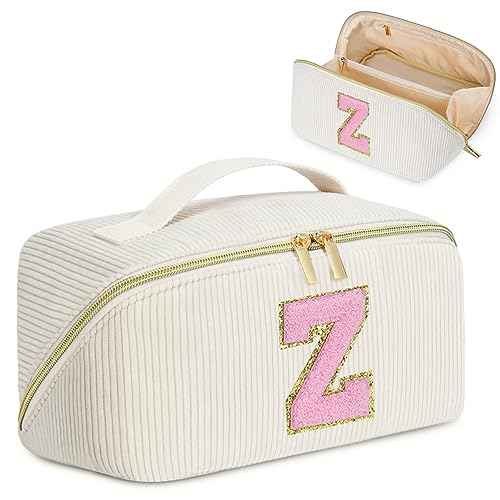 Personalized Initial Makeup Bag,Christmas Gifts for Girl,Preppy Bag Cosmetic Travel Bag Women,Travel Toiletry Organizer,Large Capacity Corduroy Stuff Bag,Cute Cosmetic Pouch Skincare Bag-Z