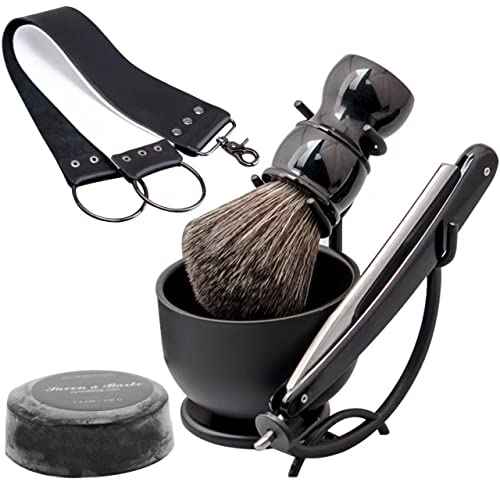 Luxury Men's Shaving Kit Gift Set, DanNuo Barber Straight Razor with Stand Shaving Brush Dual-Layer Leather Razor Strop Bowl Soap 6pcs Shaving Set for Men