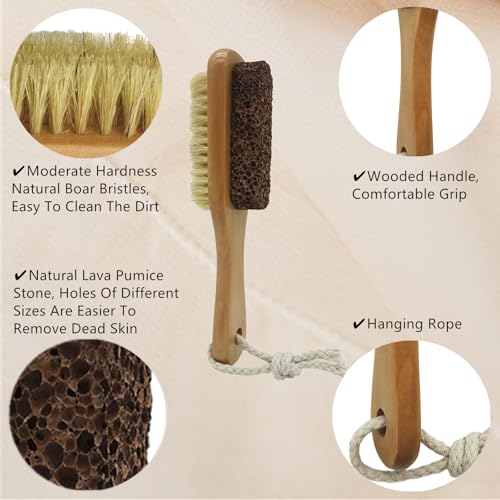 Natural Lava Pumice Stone for Feet with Brush, Callus Remover Foot Scrubber Exfoliator Pedicure Tools for Hard Dead Skin, Softer & Smoother Feet, Double Sided Boar Bristles Wooden Handle