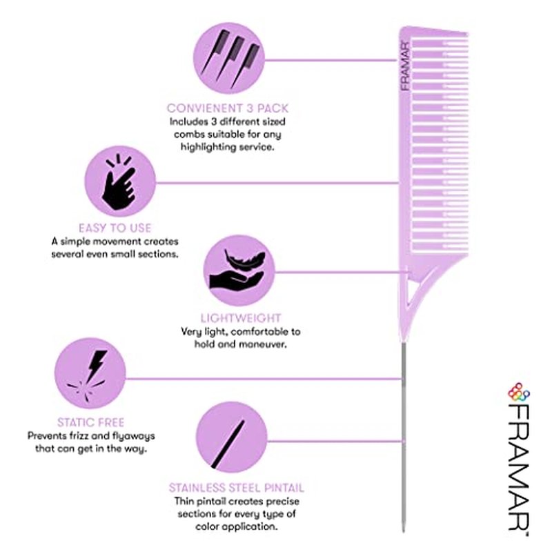 FRAMAR Dreamweaver Highlight Comb Set - Professional Highlighting Comb With Parting Tip, Hair Dye Comb, Foiling Combs For Highlighting, Highlight Combs For Highlighting ? 3 Pack Pastel