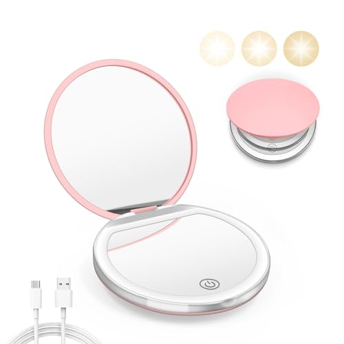 Compact Mirror with Light, 1X/3X Magnification LED Pocket Mirror with USB Data Cable,Mini Mirror for Purse, Pocket,Travel and Present (Pink)
