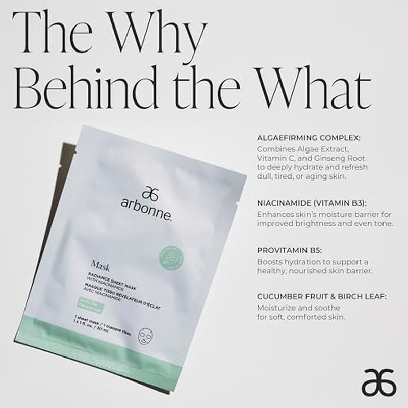 Arbonne Radiance Face Sheet Mask - Sheet Face Mask with Niacinamide for Dry and Dull Skin, Enhance Brightness, Tone, Smooth and Hydrate Skin - 10 Pack