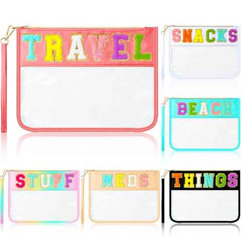 Abbylike 6 Pcs Chenille Letter Clear Zipper Pouch Summer Waterproof Cosmetic Pouch Travel Gym Beach Hawaii Bag Travel Patch Purse Makeup Letter Bag for Women Girls, 6 Colors(Charming Colors,Stylish)