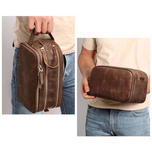 S-ZONE Leather Travel Toiletry Bag for Men Women Traveling Cosmetic Shaving Bags Dopp Kit